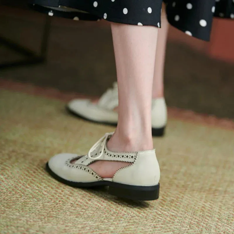 binfenxie New Summer Women Shoes Split Leather Round Toe Low Heel Cover Heel Brogues Casual Women Sandals Spring/Autumn Shoes for Ladies