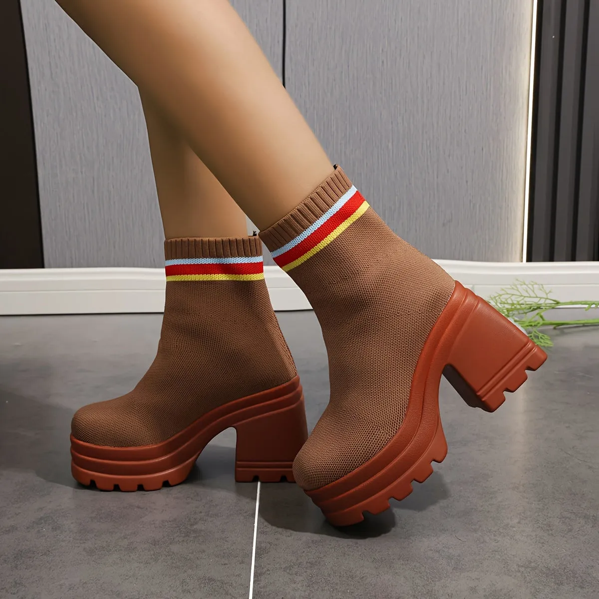 Casual   Chunky Knitted Stretchy Slip On Platform Boots, Heel  Fashion