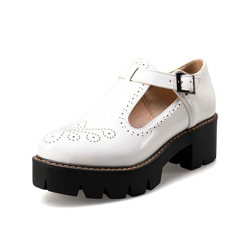 CLEARANCE / Alternative Fashion Brogue Round Toe Flats with Buckle Strap / Aesthetic Shoes