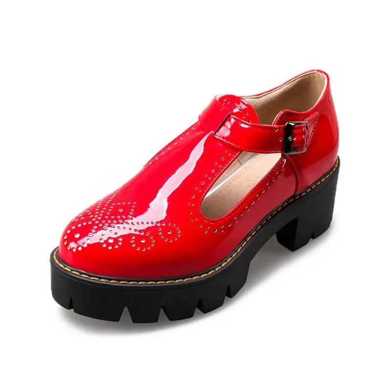 CLEARANCE / Alternative Fashion Brogue Round Toe Flats with Buckle Strap / Aesthetic Shoes