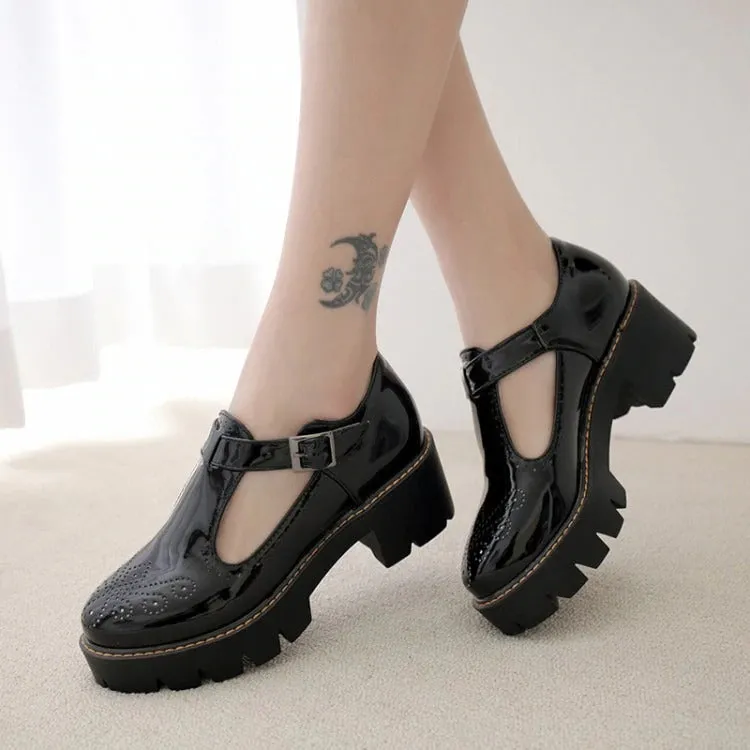 CLEARANCE / Alternative Fashion Brogue Round Toe Flats with Buckle Strap / Aesthetic Shoes