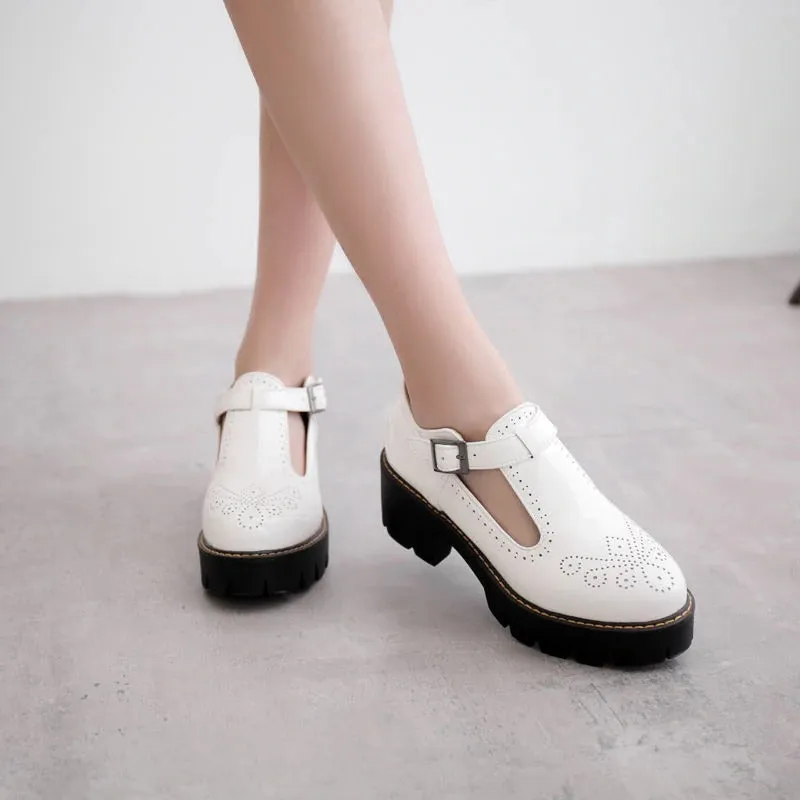 CLEARANCE / Alternative Fashion Brogue Round Toe Flats with Buckle Strap / Aesthetic Shoes