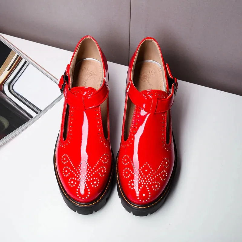 CLEARANCE / Alternative Fashion Brogue Round Toe Flats with Buckle Strap / Aesthetic Shoes