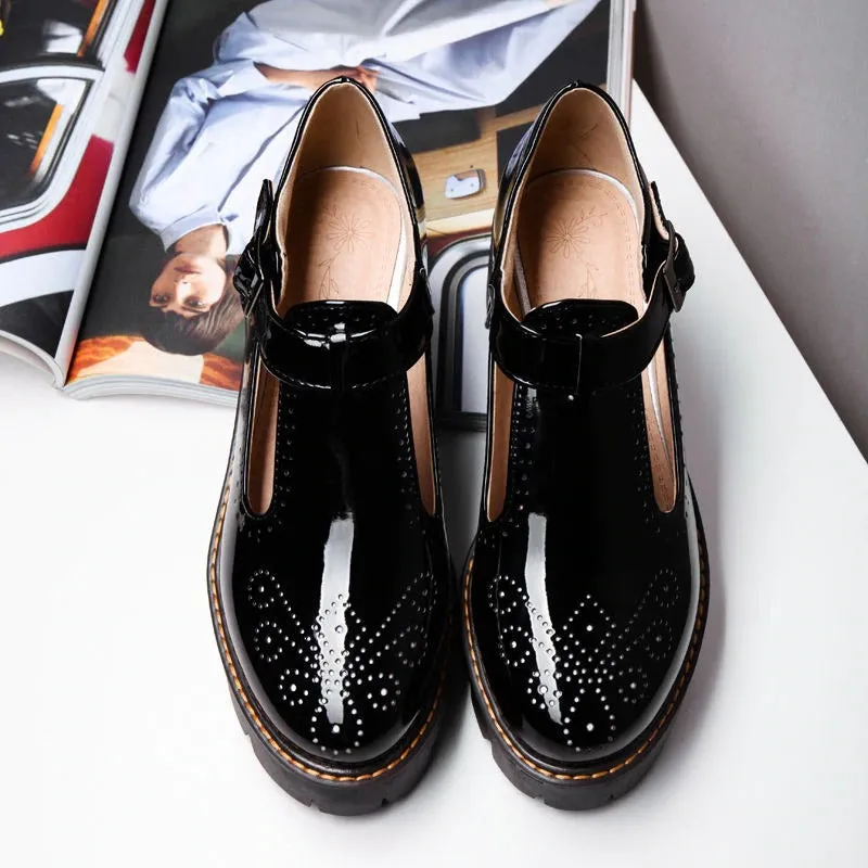CLEARANCE / Alternative Fashion Brogue Round Toe Flats with Buckle Strap / Aesthetic Shoes