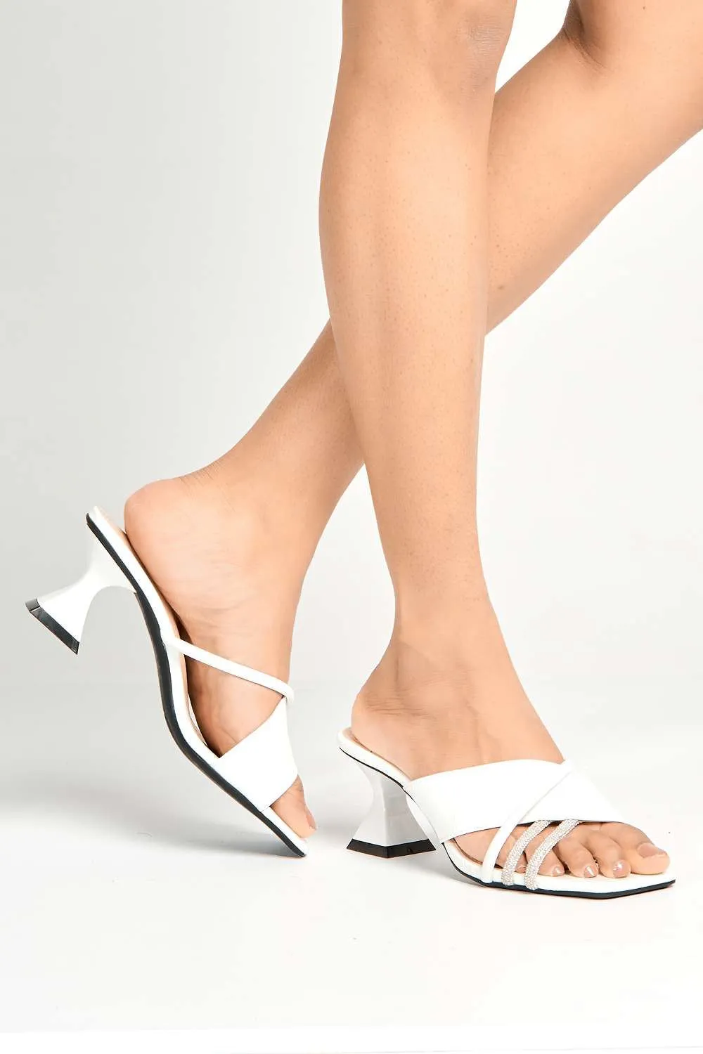 Socha Criss-Cross Diamante Strap Mules in White