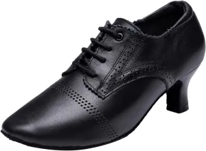 SWDZM Leather Ballroom Dance Practice Shoes for Women Closed Toe Modern Salsa Rhythm Teaching Shoes