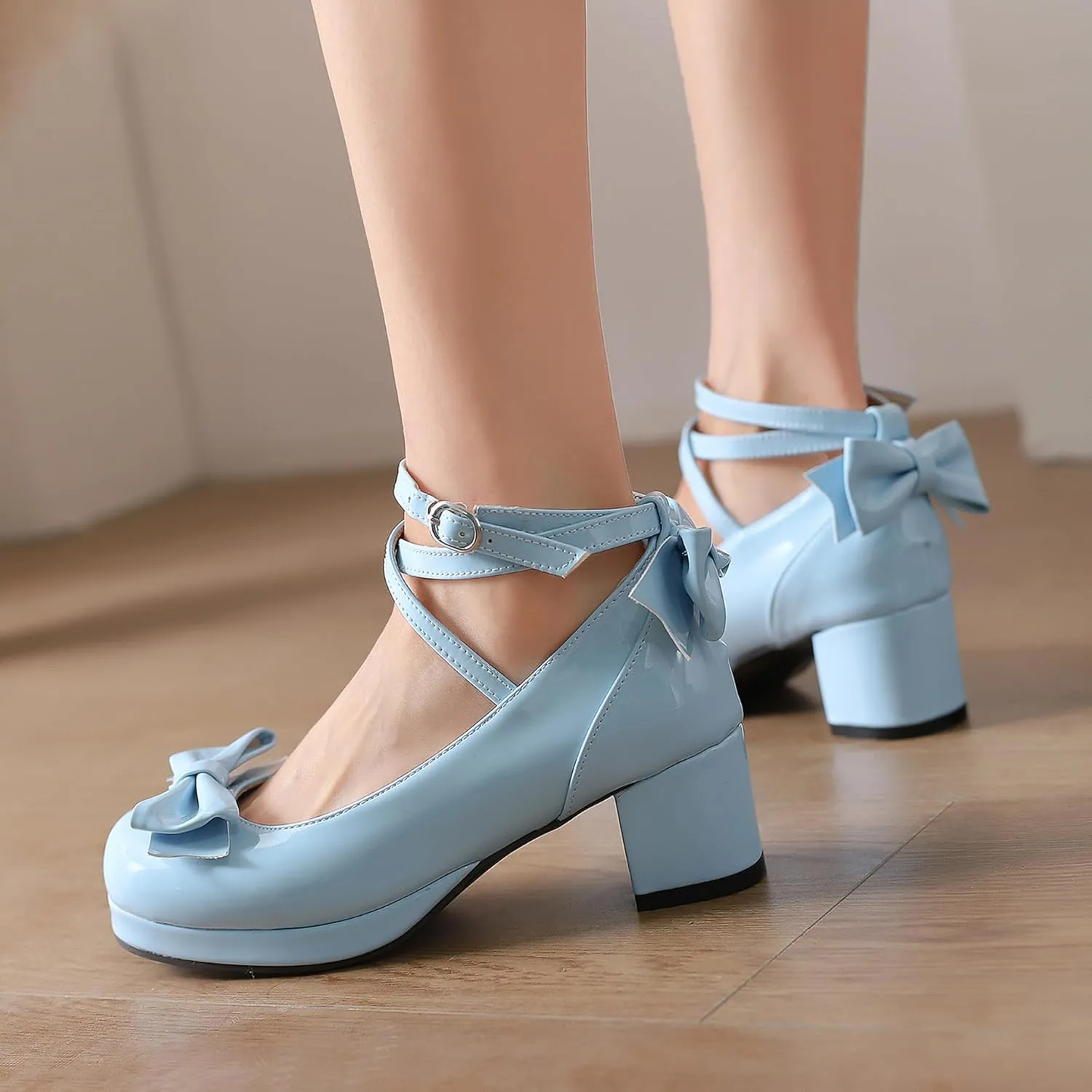 Sweet Patent Block Heel Round Toe Girl Princess Shoes