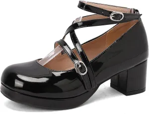 Sweet Patent Block Heel Round Toe Girl Princess Shoes