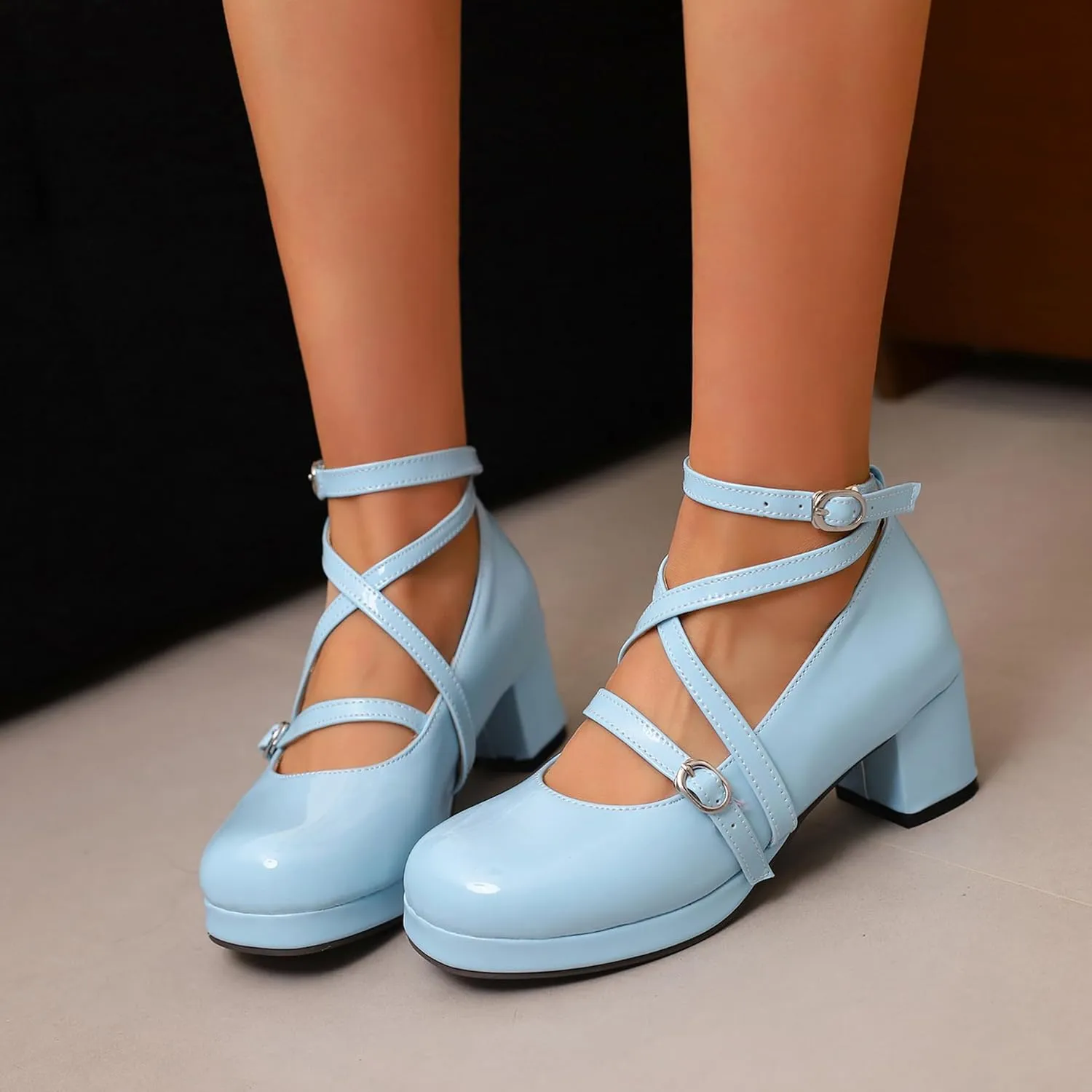 Sweet Patent Block Heel Round Toe Girl Princess Shoes