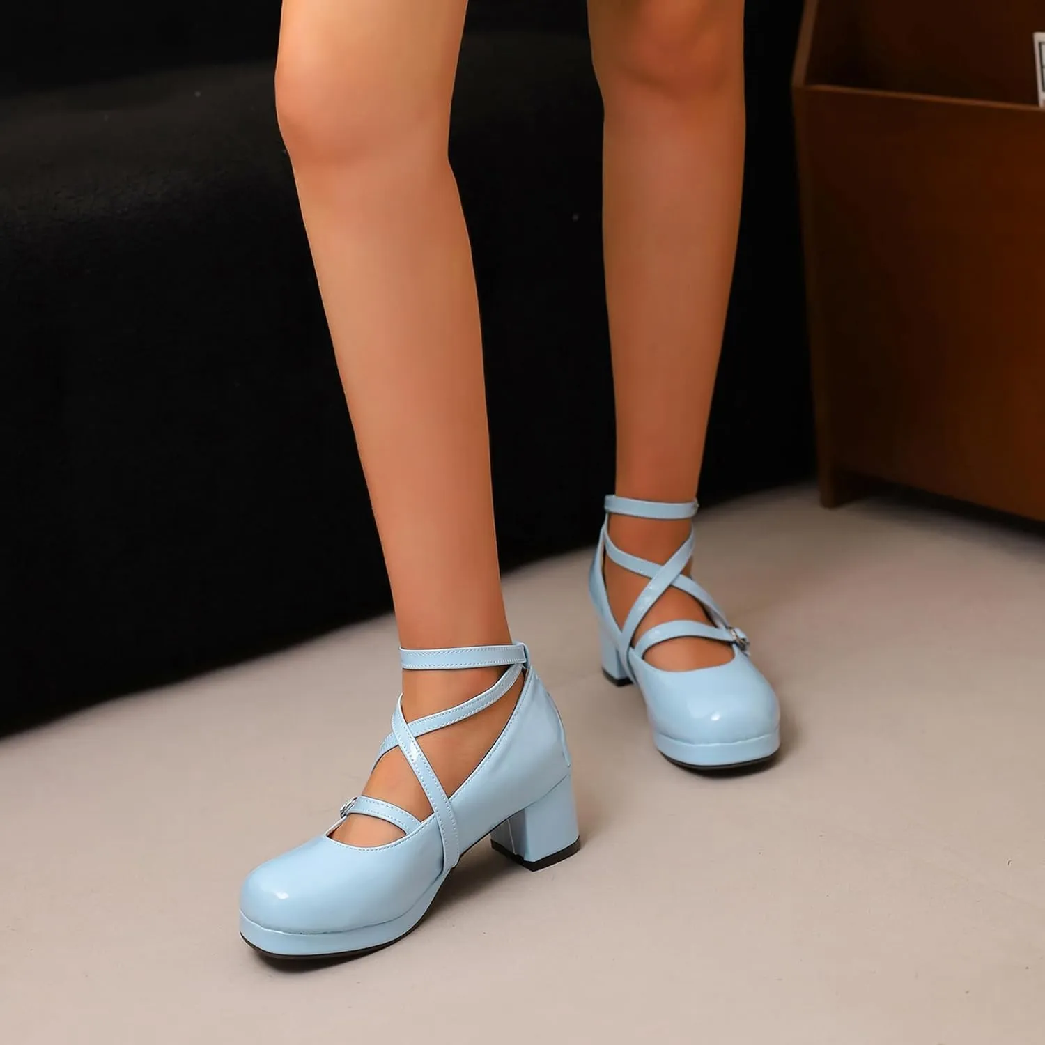 Sweet Patent Block Heel Round Toe Girl Princess Shoes
