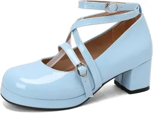 Sweet Patent Block Heel Round Toe Girl Princess Shoes