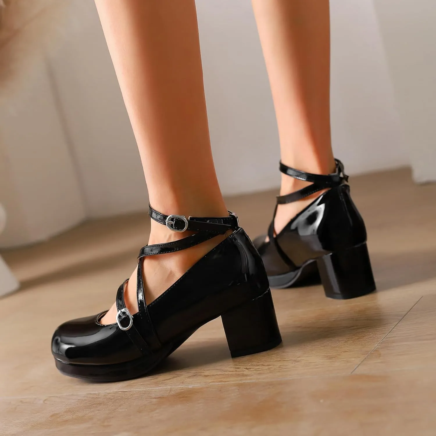 Sweet Patent Block Heel Round Toe Girl Princess Shoes