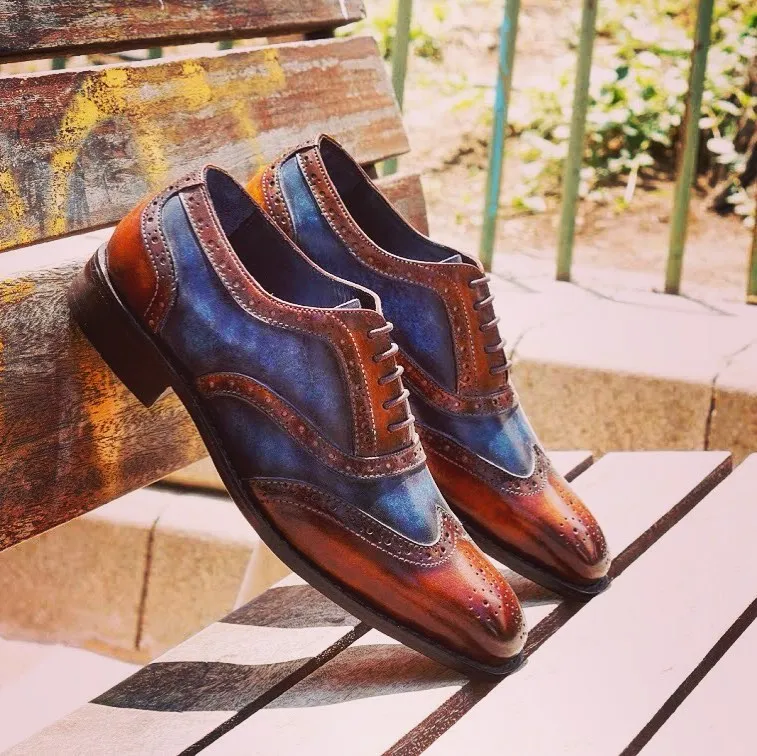 Tan and Navy Blue Leather Bulle Brogue Wingtip Oxfords - Formal Shoes