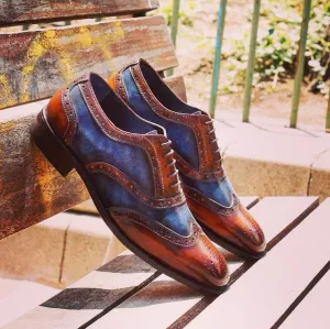 Tan and Navy Blue Leather Bulle Brogue Wingtip Oxfords - Formal Shoes