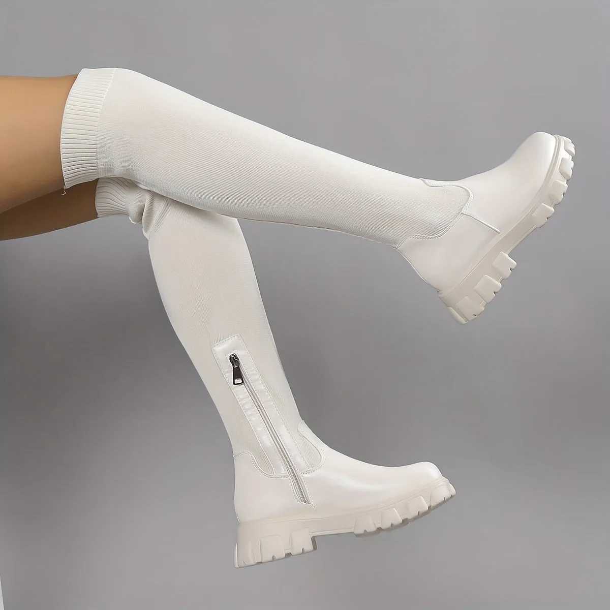 Trendy Platform Knee Knitted Slim Boots