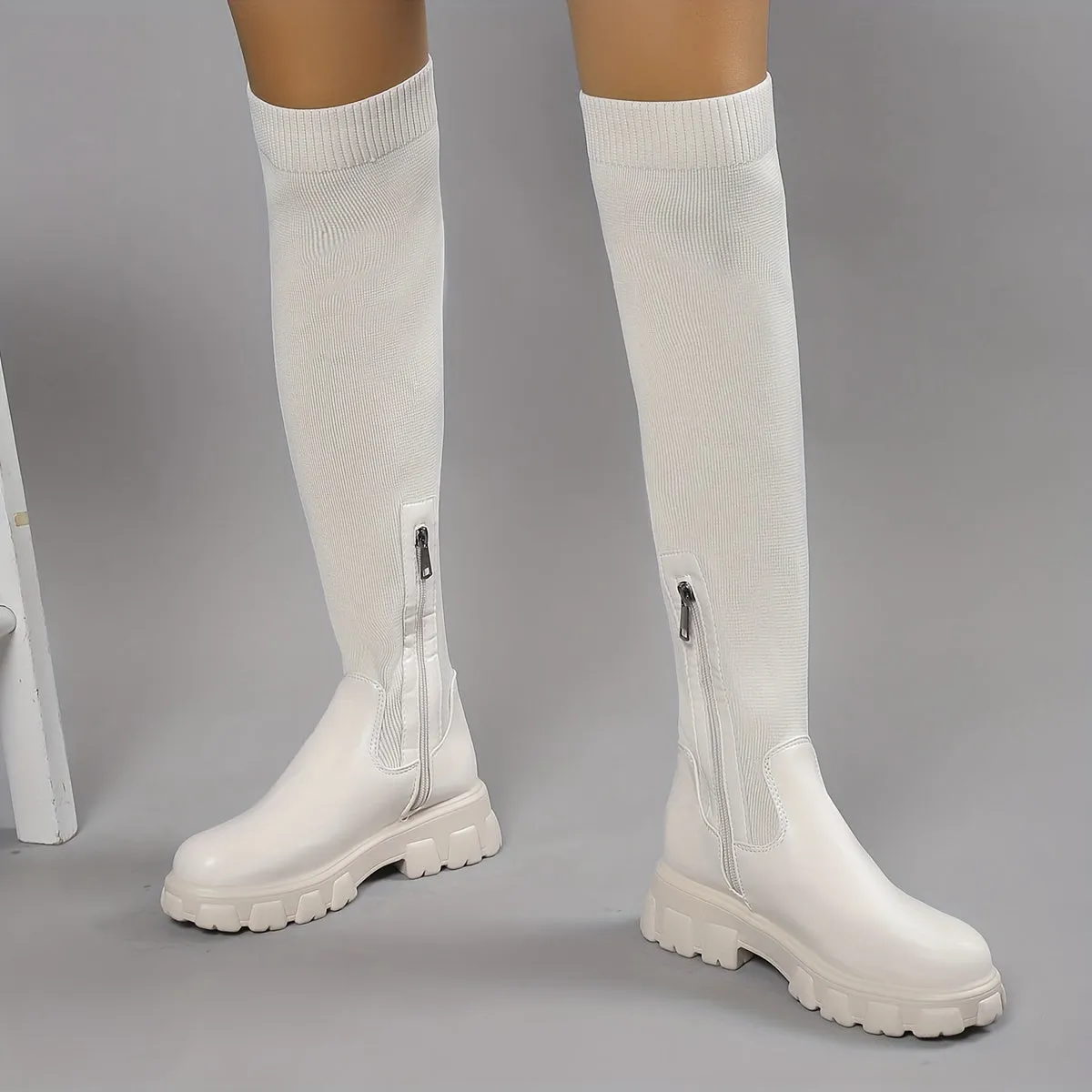 Trendy Platform Knee Knitted Slim Boots