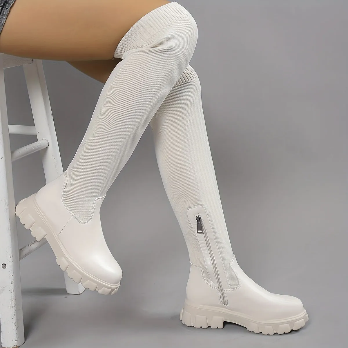 Trendy Platform Knee Knitted Slim Boots