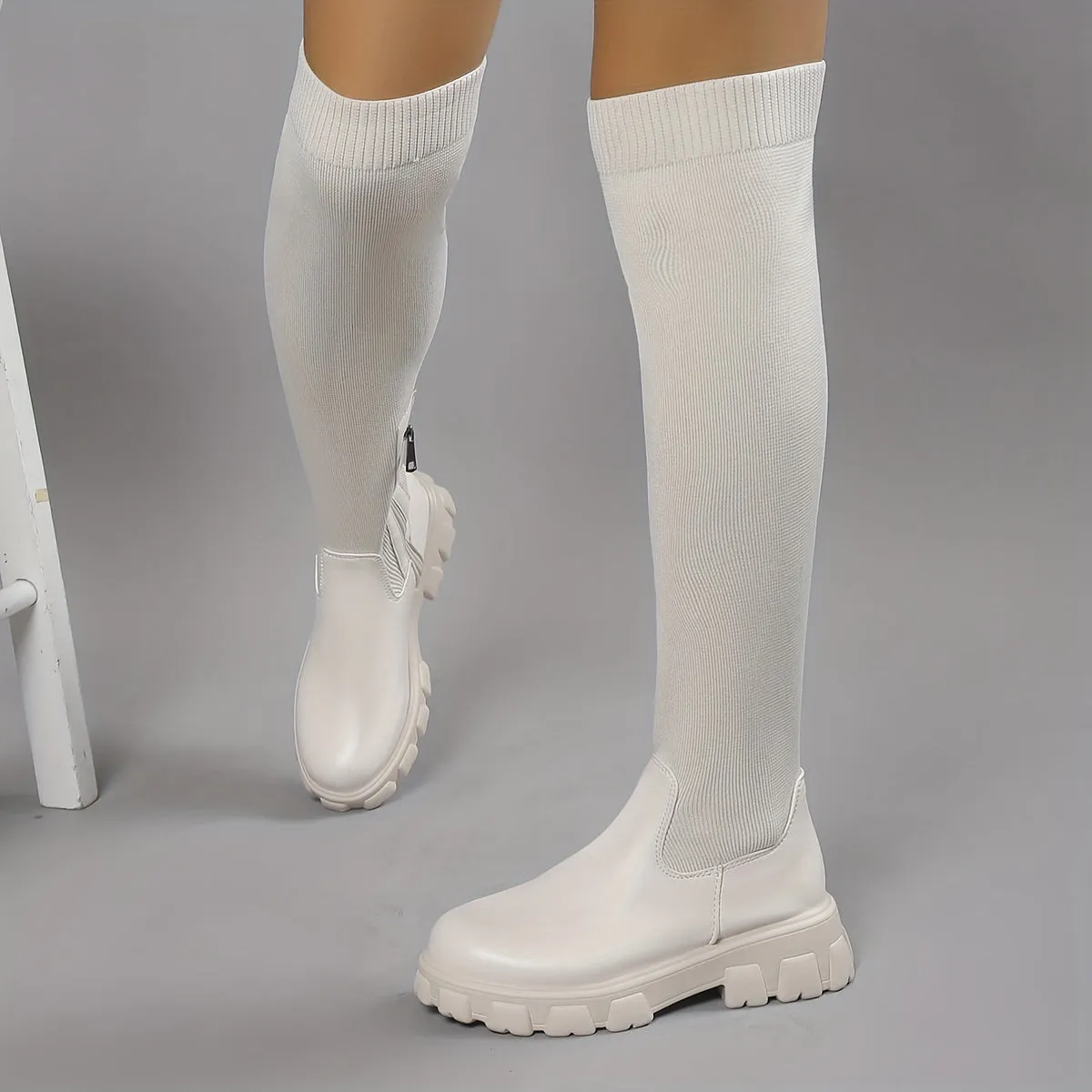 Trendy Platform Knee Knitted Slim Boots